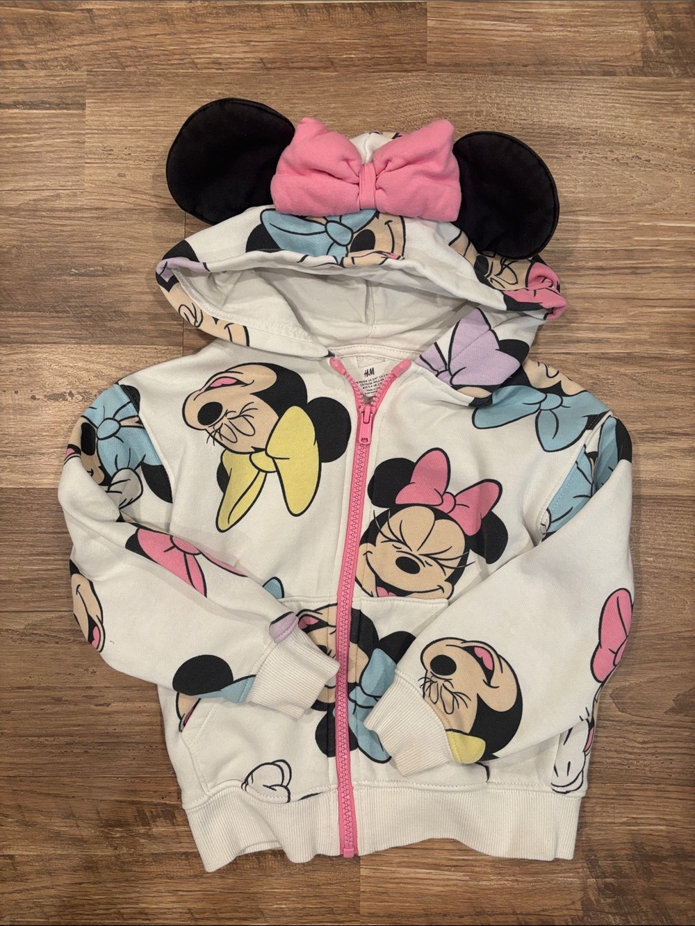 H&M White Minnie Mouse Hoodie with Pink Bow and Multicolor Bows